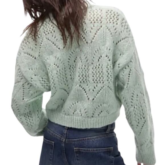 NWT TopShop Pointelle Cropped Crewneck Sweater Women’s Size 12 Mint Green - Picture 3 of 8